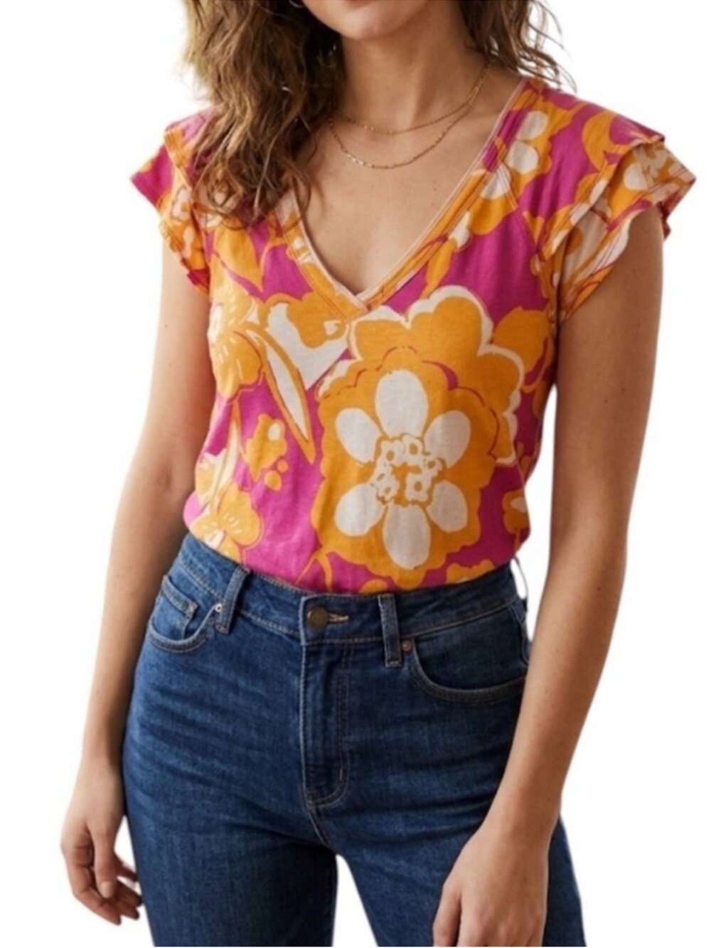 Maeve Anthropologie Catie Ruffle V-Neck Floral Blouse Short Sleeve Pink Size XS